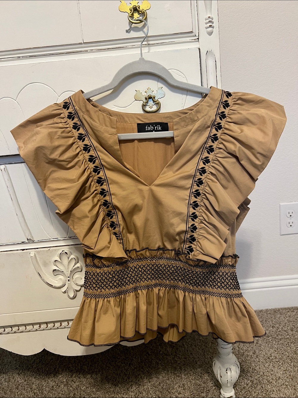 fab'rik Tan Ruffle V-Neck Smocked Waist Blouse with Black Trim